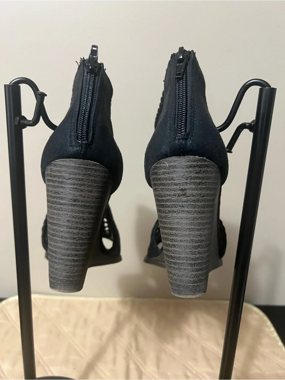 Perforated Black Peep-Toe Wedge Booties - Unbranded